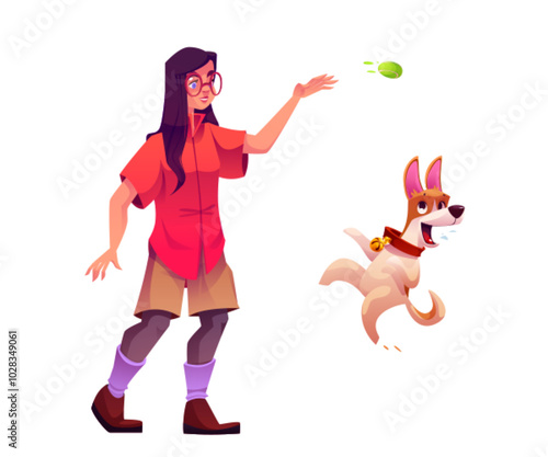 Woman pet owner play with her dog and throw ball. Happy funny cute puppy jump. Cartoon vector illustration of female person with domestic animal activity. Girl and doggy friends spending time together