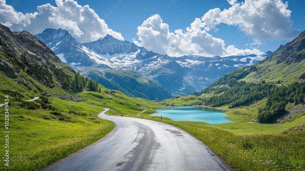 Naklejka premium A scenic road trip through the Swiss Alps, with winding roads cutting through towering snow-capped mountains. Crystal-clear lakes and lush green valleys stretch far below