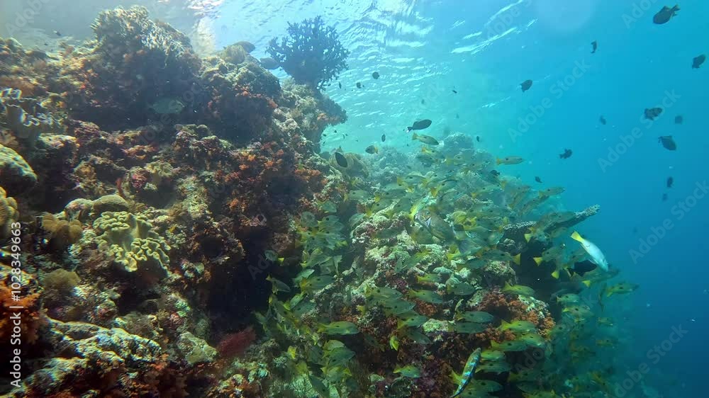 A school of blackspot snappers, boxfish, triggerfish, and wrasses swim on a coral reef. A school of blackspot snappers, boxfish, triggerfish, and wrasses swim on a coral reef.