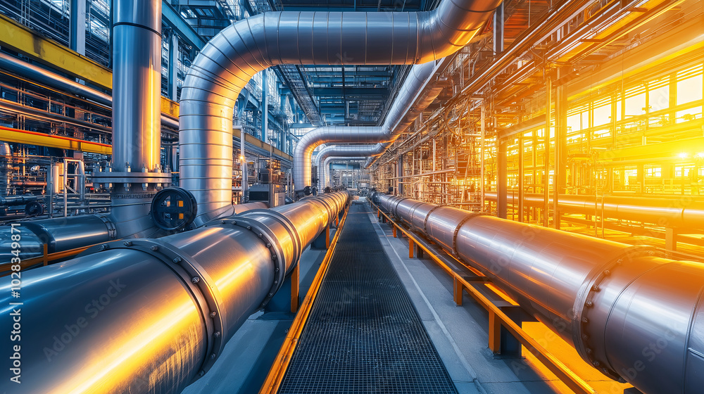 Industrial pipeline network with sunlight: modern engineering and infrastructure Industrial pipeline network with sunlight: modern engineering and infrastructure