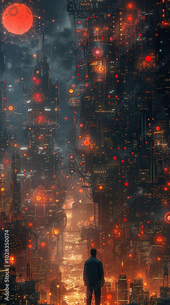 Fototapeta premium A Lonely Figure in a Futuristic Cityscape