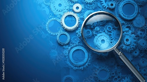 Magnifying glass and gears on blue background representing seo audit and analysis