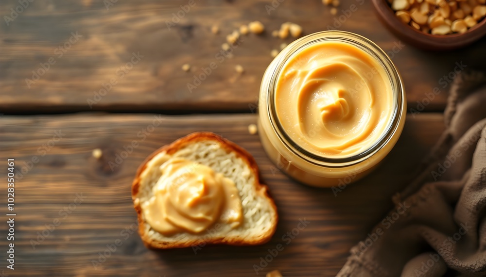 Jar of Smooth Maple Butter Spread with a Slice of Toast (Canadian Cuisine) Jar of Smooth Maple Butter Spread with a Slice of Toast (Canadian Cuisine)