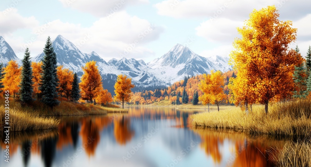 Fototapeta premium Autumn Landscape with Mountains and Lake