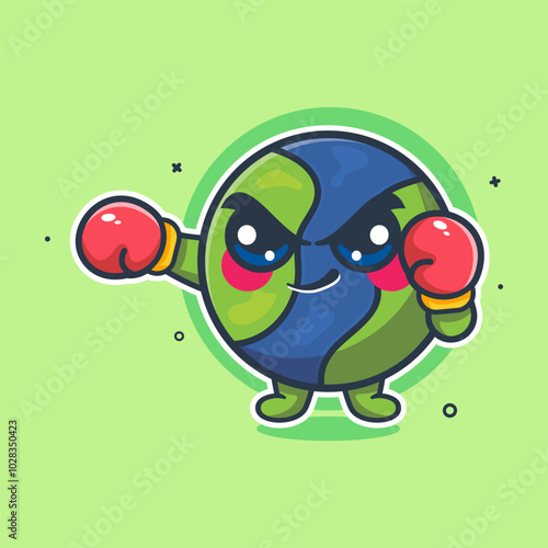 funny earth character mascot playing boxing sport isolated cartoon