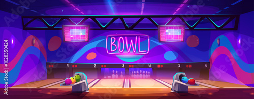 Empty bowling center interior with alley and pins, colorful bowl balls in return mechanism, scoreboard screens and neon glow sign. Cartoon vector illustration of indoor active team game club.