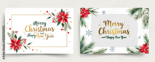 Horizontal watercolor frames with branches of christmas tree and golden lettering. Merry Christmas and New year cards