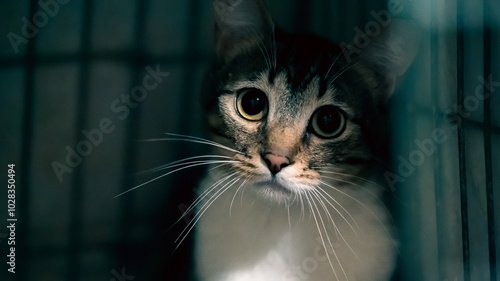 Photography unfortunate cat in the dark cage looks sad