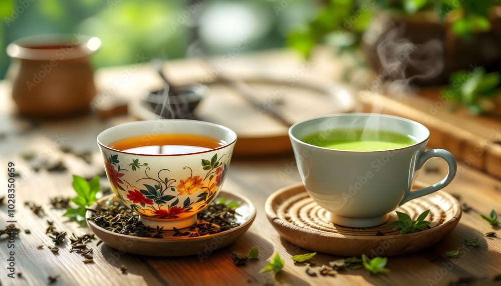 Comparison of Oolong Tea and Green Tea in Traditional Cups Comparison of Oolong Tea and Green Tea in Traditional Cups