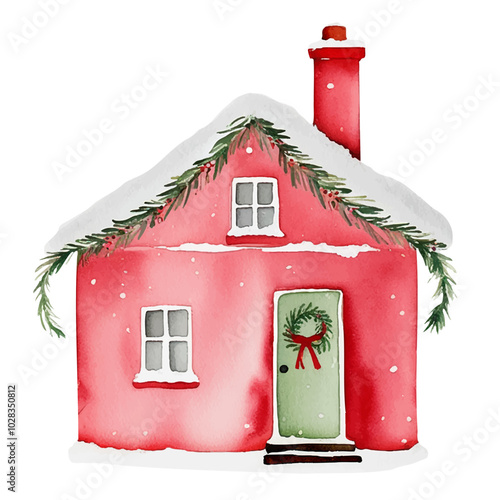 Watercolor Christmas house. Fairy scandi winter house. Cute childish winter illustration