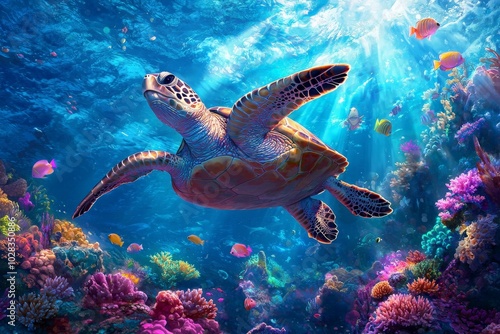 Graceful Turtle Swimming in Vibrant Coral Reef