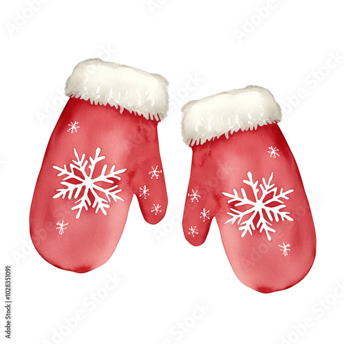 Watercolor knitted christmas mittens in red color. Cute winter illustration