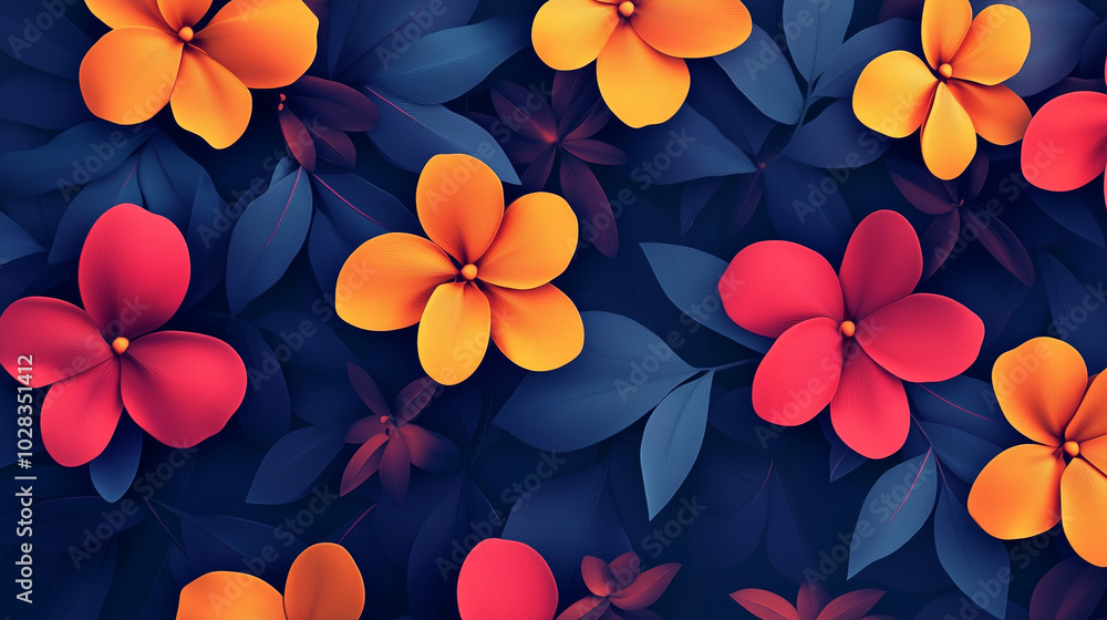 An abstract pattern featuring bright red and yellow flowers on a dark blue background with textured leaves An abstract pattern featuring bright red and yellow flowers on a dark blue background with textured leaves