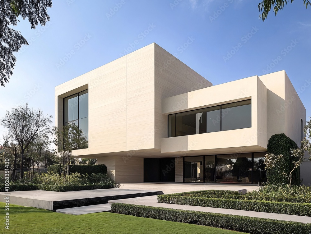 Fototapeta premium 2408 21.A modern two-story luxury house with a minimalist design, featuring sharp angles and large windows. The facade is sleek with light-colored materials, and the house is set in a quiet