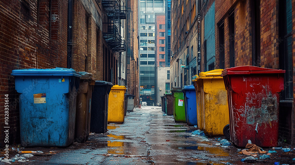 Colorful Trash Bins in Urban Alley Colorful Trash Bins in Urban Alley