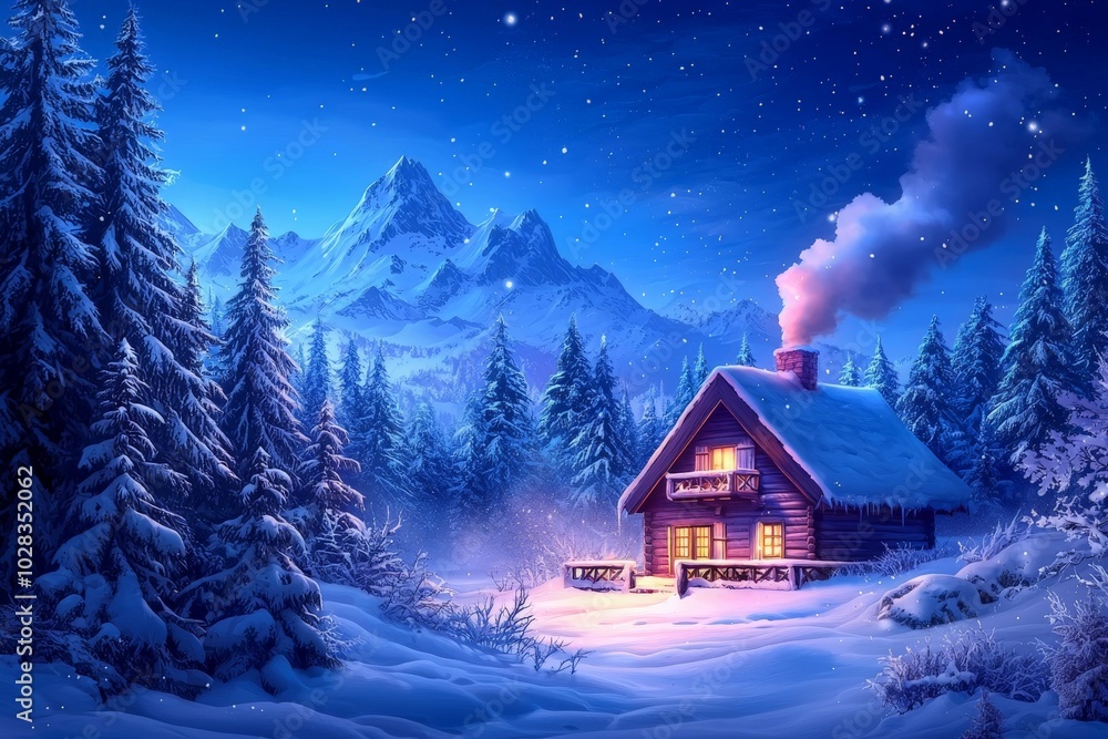 Naklejka premium Cozy Cabin in Snowy Wilderness at Night
