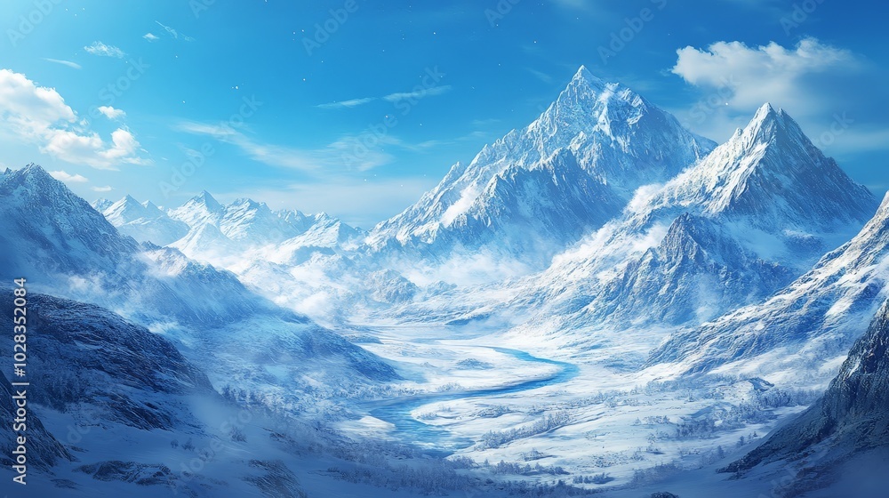 Obraz premium A snow-covered mountain range under a bright blue sky, with the peaks glistening in the sunlight. A peaceful valley lies below, with a winding river cutting through the snowy landscape