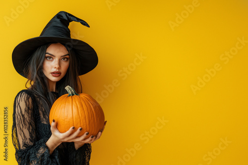 Mysterious witch with lace sleeves clutching pumpkin photo