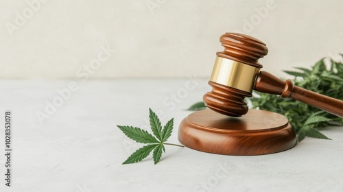 Gavel with cannabis leaf, representing legal aspects of marijuana.