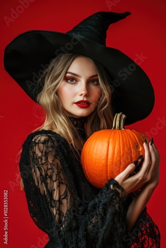 Stylish witch with pumpkin, captivating portrait art