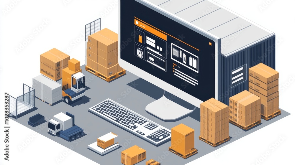 Obraz premium Warehouse Inventory Management On Computer, Generative AI