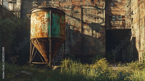 Rusty Tank by a Brick Building