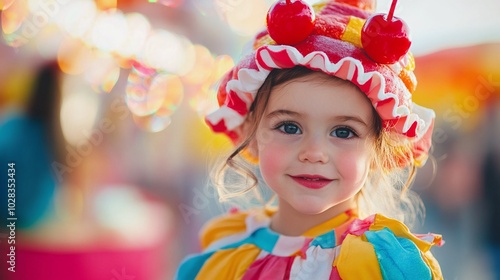 A child dressed as a cupcake, with a colorful costume and a cherry hat, at a fun fai