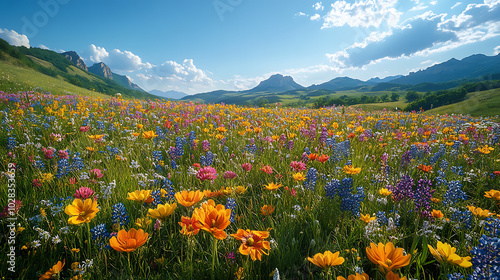 A wide-open meadow filled with colorful wildflowers under a bright blue sky, with rolling hills and distant mountains in the background 