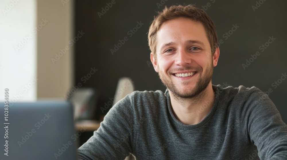 Fototapeta premium Smiling Caucasian man working as a computer programmer, minimal background focusing on his task and concentration.