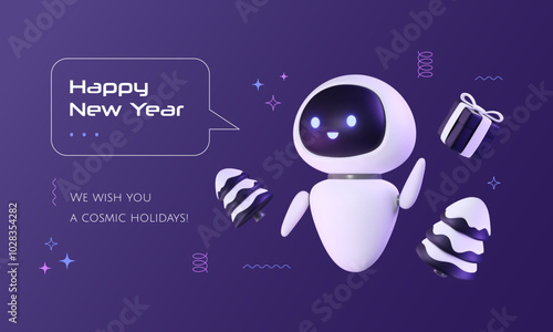 3D ai chatbot New Year banner. Cartoon snowy trees and giftbox with graphic confetti. Artificial intelligence server technology greeting with winter holidays. Xmas futuristic vector illustration.