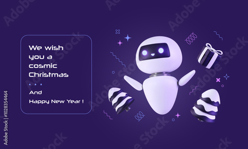 New Year banner with 3D chat bot, snowy trees and goft box floating with graphic linear confetti. Futuristic greeting Christmas card with network robotic character. Future vector illustration.