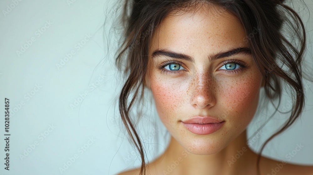 A young woman with striking blue eyes and freckles poses against a neutral background in soft lighting, highlighting her natural beauty A young woman with striking blue eyes and freckles poses against a neutral background in soft lighting, highlighting her natural beauty