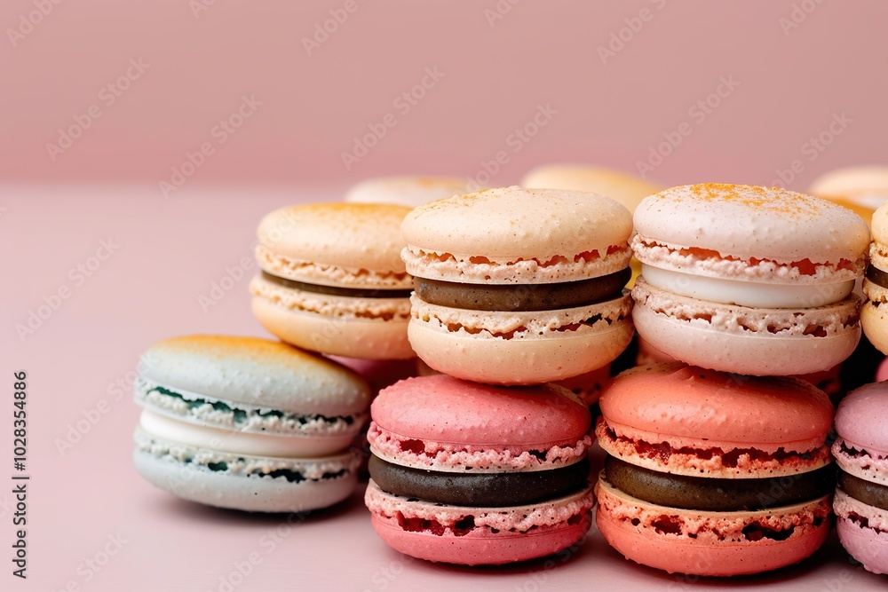 Colorful macarons lined up, pastel background Colorful macarons lined up, pastel background