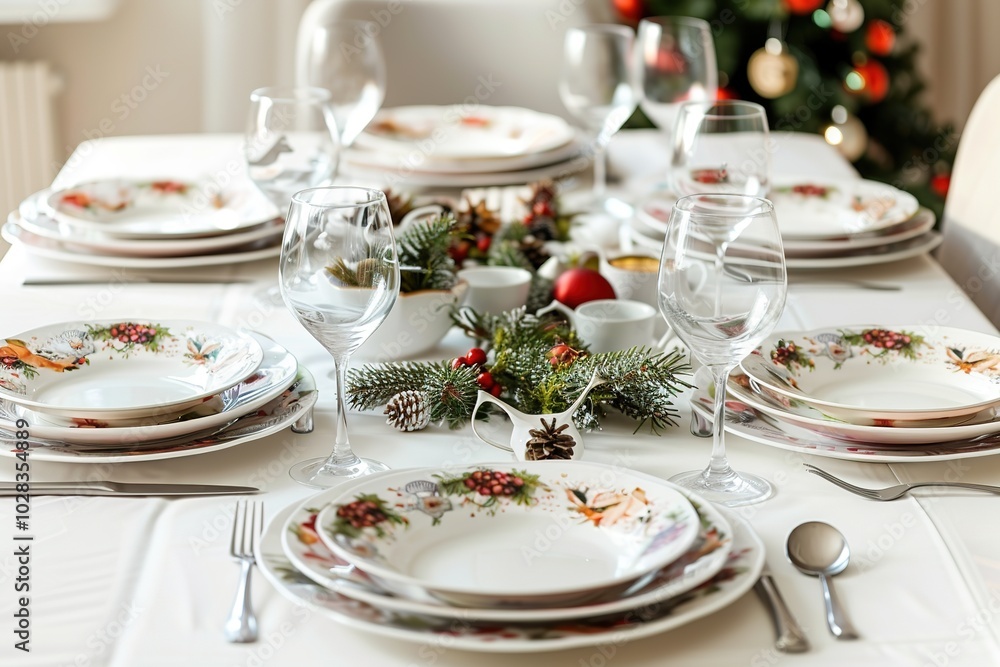 Christmas dinner table setup with festive decoration Christmas dinner table setup with festive decoration