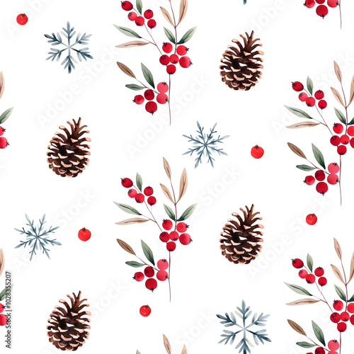 Seamless pattern with watercolor pine cone snowflakes and winter berries. Hand drawn botanical ornament.