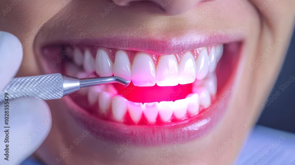 Fototapeta premium Applying curing light on filled tooth, mouth close-up, dental hygiene