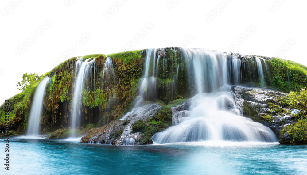 Fototapeta premium Beautiful cascading waterfall amidst green landscape transparent