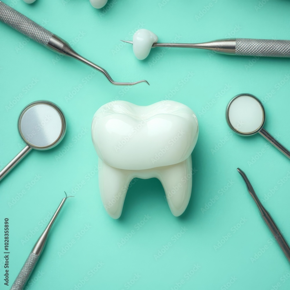 Applying filling to molar, detailed view, sterile tools around Applying filling to molar, detailed view, sterile tools around