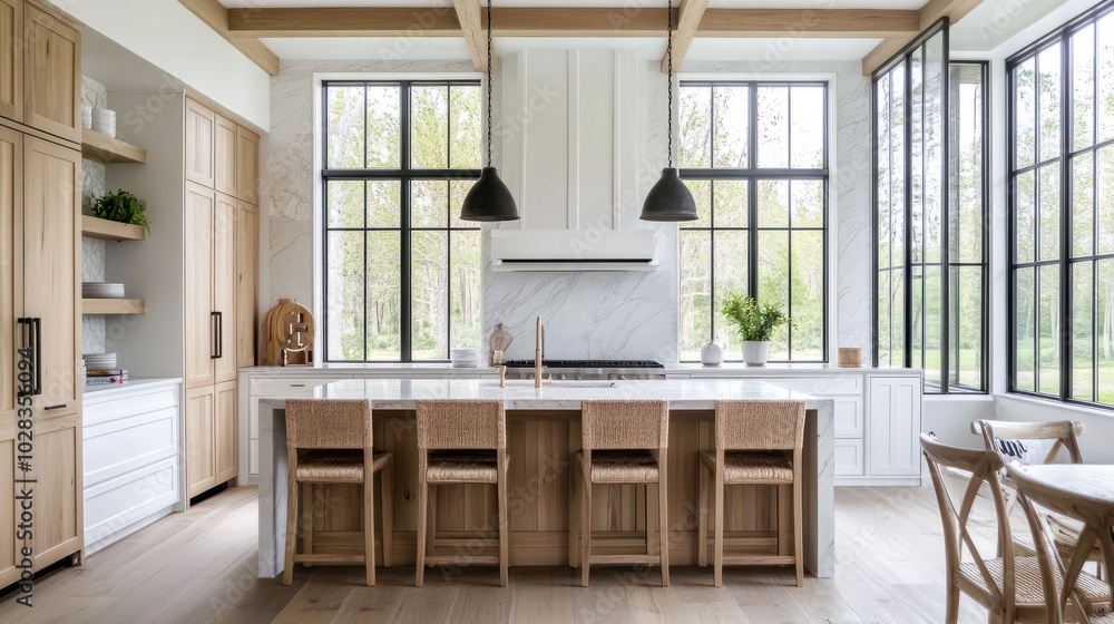 A beautiful farmhouse kitchen with white and white oak cabinets and ...