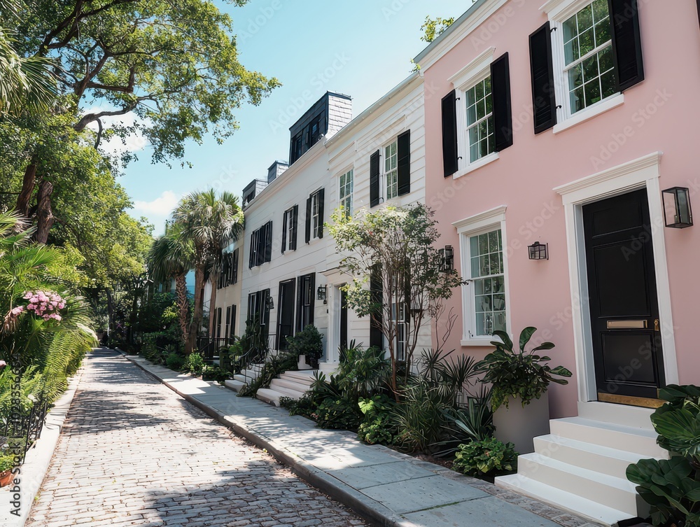 Obraz premium Charming row of vibrant houses lining a quaint cobblestone street in a picturesque setting.