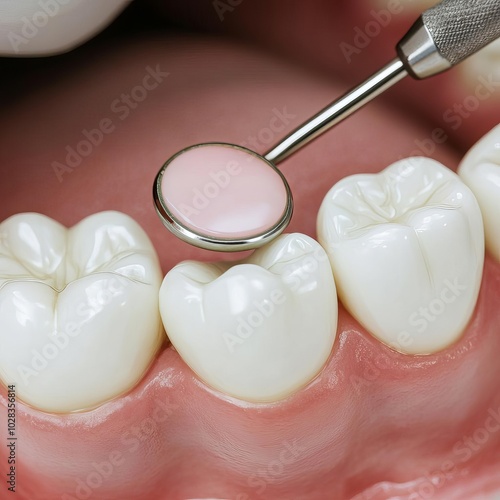 Close-up of filling being applied, tooth and gums visible