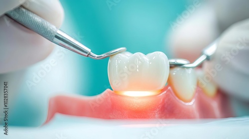 Curing light on filled tooth, detailed view, clinical setting