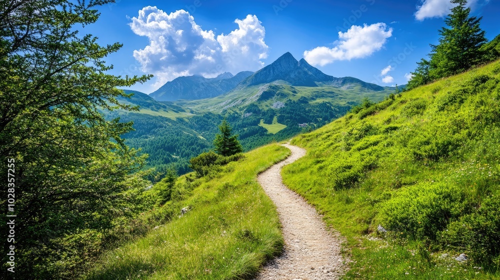 A picturesque mountain scene with a winding trail through lush greenery, and a bright blue sky, perfect for outdoor adventure photography A picturesque mountain scene with a winding trail through lush greenery, and a bright blue sky, perfect for outdoor adventure photography