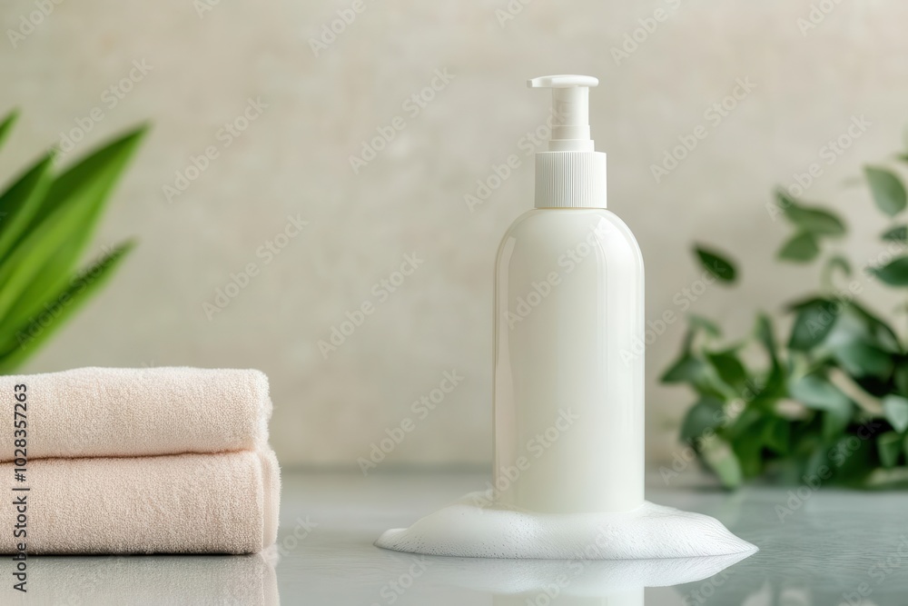 Shampoo bottle on a wet countertop, surrounded by rich foam, soft natural light reflecting off the clean, sleek surface, ultrarealistic shot capturing hydration and health focus Shampoo bottle on a wet countertop, surrounded by rich foam, soft natural light reflecting off the clean, sleek surface, ultrarealistic shot capturing hydration and health focus