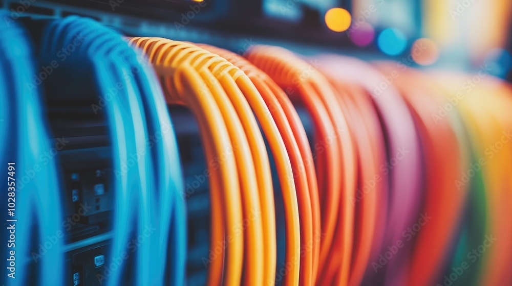 Neatly organized network cables in a server room showcasing effective cable Neatly organized network cables in a server room showcasing effective cable