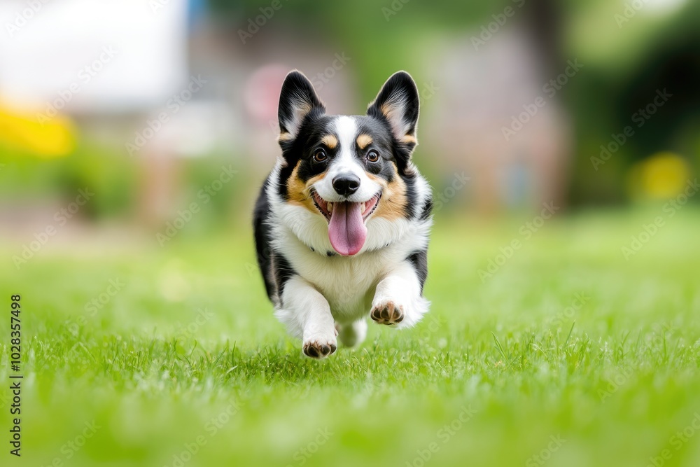 A corgi dog with tongue out running on green lawn towards the camera A corgi dog with tongue out running on green lawn towards the camera