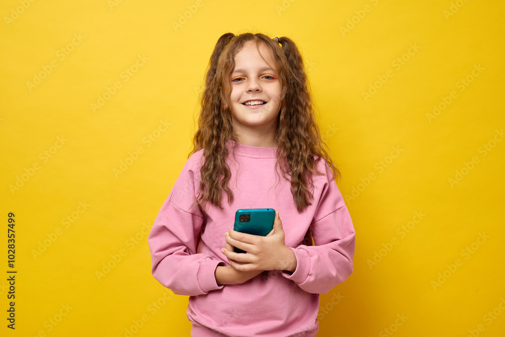 Adorable schoolgirl with curly hair wearing fashionable sweatshirt smiling brightly enjoying her gadget time browsing web pages scrolling online isolated over yellow background Adorable schoolgirl with curly hair wearing fashionable sweatshirt smiling brightly enjoying her gadget time browsing web pages scrolling online isolated over yellow background