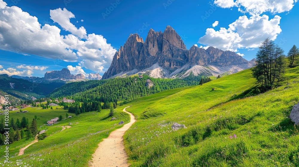 A stunning mountain landscape with a winding trail through vibrant greenery, under a bright blue sky, perfect for travel and adventure photography A stunning mountain landscape with a winding trail through vibrant greenery, under a bright blue sky, perfect for travel and adventure photography
