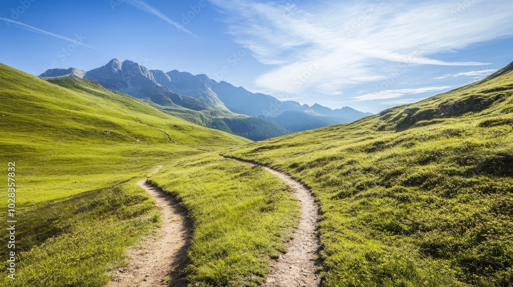 Obraz premium Beautiful mountain scene with a winding hiking trail, surrounded by green hills and a clear blue sky, ideal for travel and outdoor content