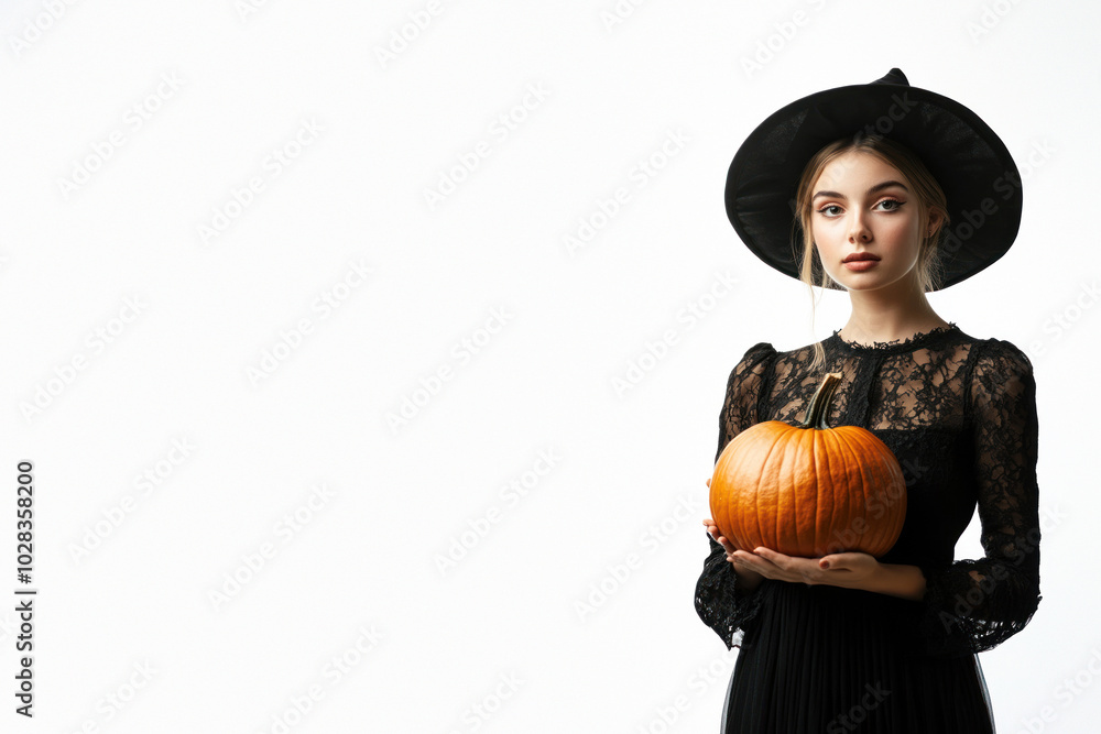 Young witch with pumpkin in lace detailed dress. Young witch with pumpkin in lace detailed dress.